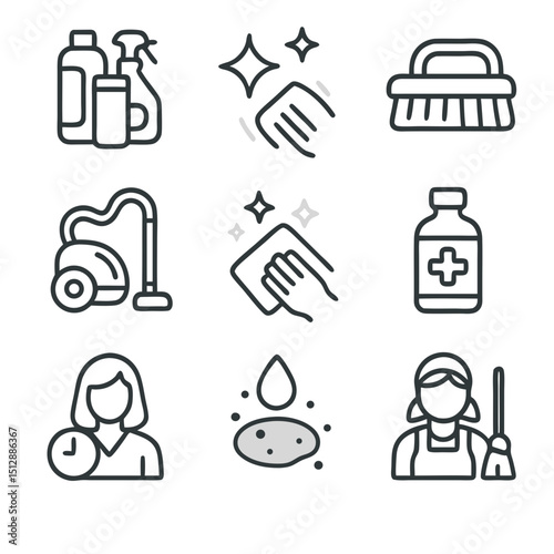 Nine cleaning icons including broom, mop, vacuum, and spray bottle. Suitable for cleaning service websites, household products, and hygienerelated designs.