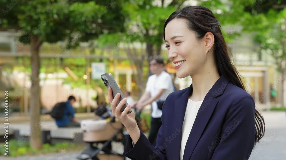 新緑の街でスマホを使う女性ビジネスパーソン