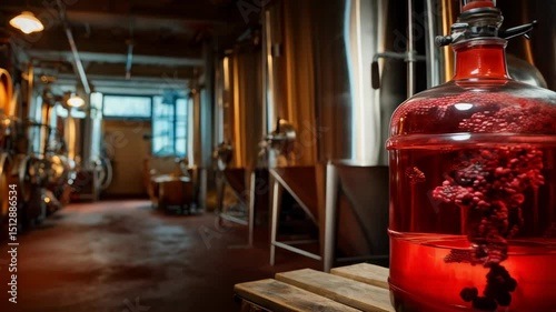 Fermentation process featuring red liquid in a glass carboy at winery surrounded by wooden barrels and metal brewing tanks on industrial floor
