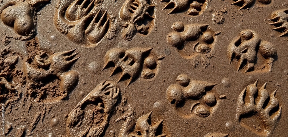 Close-up of diverse animal tracks in mud, showing detail of claw marks and paw prints, jungle, rodent Close-up of diverse animal tracks in mud, showing detail of claw marks and paw prints, jungle, rodent