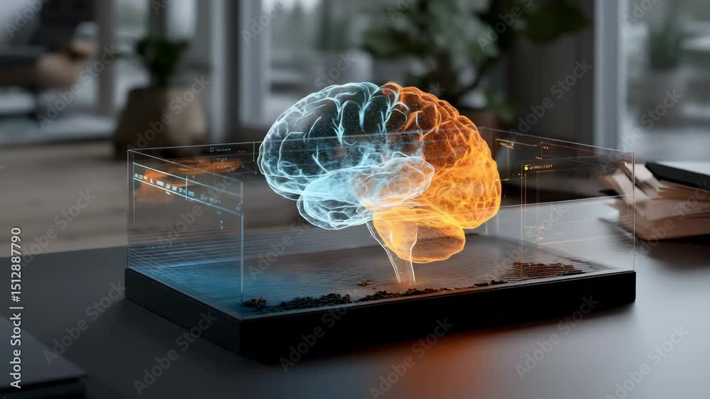 Holographic brain displayed in a transparent box