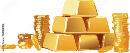 Business success, finance, wealth, banking and stock exchange market investment concept: group of gold ingots or bullions and stacks of golden coins isolated on a white background with stacks of bars