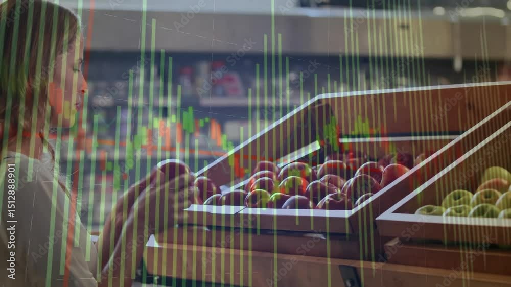 Shopper selecting red apple from grocery bins and gauging freshness with animated data graphs