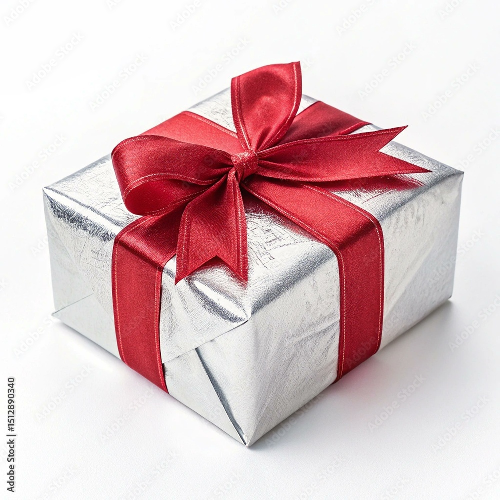Obraz premium A square silver gift box is elegantly adorned with a large, vibrant red ribbon tied in a classic bow. The box sits on a plain white background.