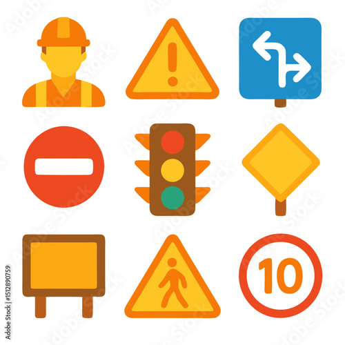 The Collection of nine road signs showcases a variety of traffic symbols, ideal for illustrating traffic laws and regulations.