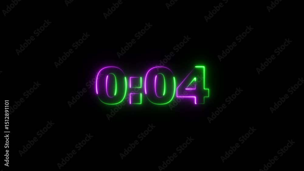 Neon Light 10 Seconds Countdown on black background. Running dynamic light. Timer from 10 to 0 seconds.
