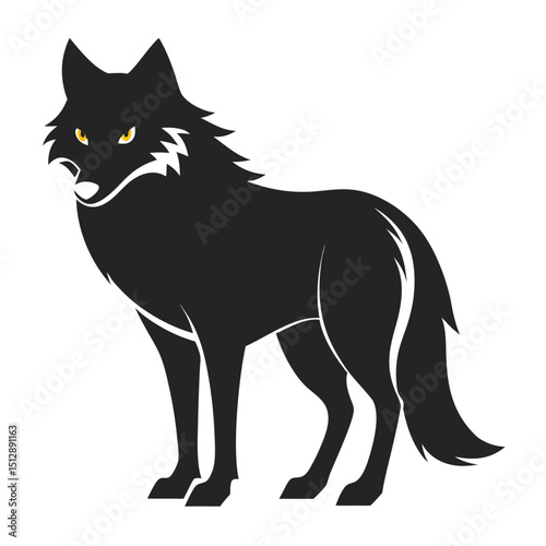 black wolf silhouette with piercing yellow eyes vector illustration