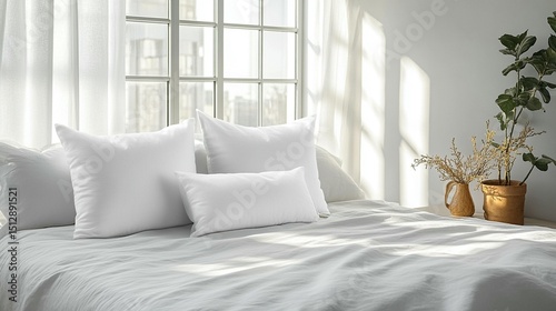 White pillows and bedding on a bed  sunlight streaming through a window.  A minimalist bedroom scene