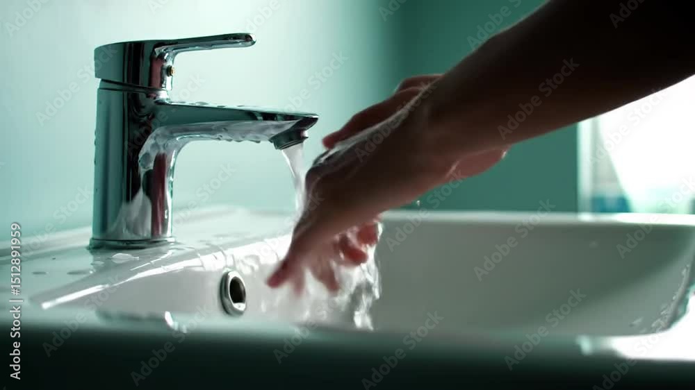 Close Up of Hand Washing at Shiny Chrome Faucet above White Sink in Light Blue Bathroom for Hygiene and Health Concept
