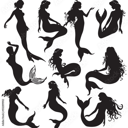 Mermaid Silhouette Collection , black silhouettes isolated on white background