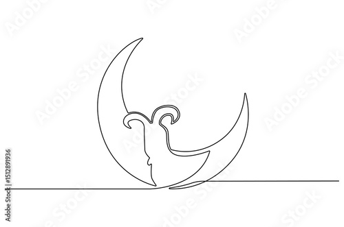 Continuous one line drawing of Crescent moon with Goat. Single line drawing illustration of Muslim Eid Al Adha sacrificing goat to God. Eid Al Adha Banner concept vector art. Doodle line illustration.