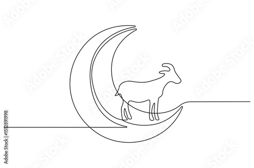 Continuous one line drawing of Crescent moon with Goat. Single line drawing illustration of Muslim Eid Al Adha sacrificing goat to God. Eid Al Adha Banner concept vector art. Doodle line illustration.