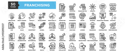 50 Franchising icon set. Containing design business, franchise, marketing, retail, management, store, investment	