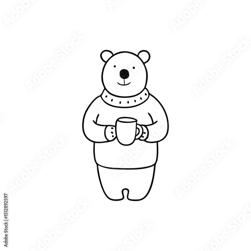 Cute bear with a mug, in a teeter and a hat, 