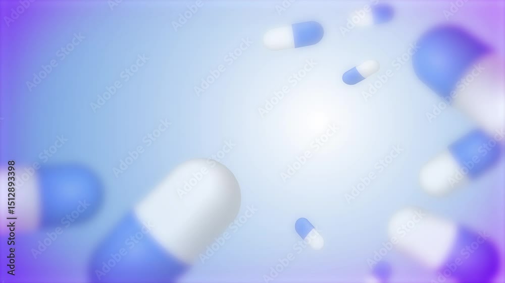 Capsules floating on blue medical background, Pharmaceutical pills in abstract health setting, Medicine capsules with soft focus