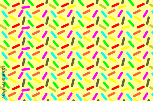 Seamless pattern of donut sprinkles (often called "mesis" in Indonesia). They come in various bright colors, including red, green, yellow, blue, purple, pink, and brown. For background and snack theme