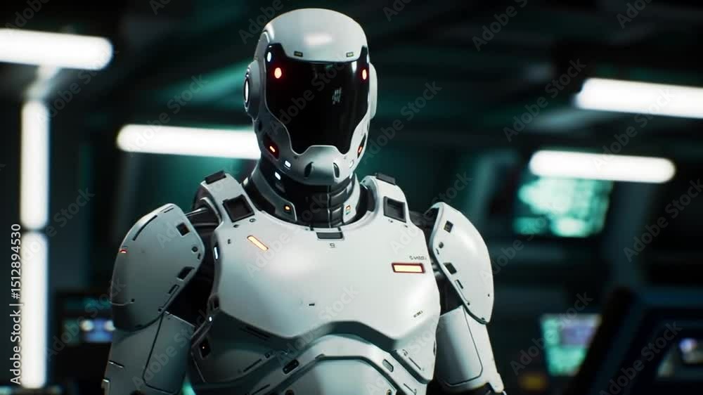 Futuristic White Robot with Glowing Red Lights in a Dimly Lit High Tech Environment Futuristic White Robot with Glowing Red Lights in a Dimly Lit High Tech Environment