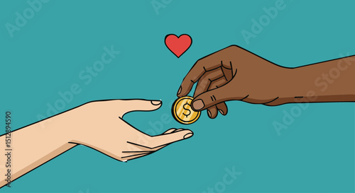 Charity donation concept illustration of giving money donation charity and love concept with diverse hands and heart symbol above it