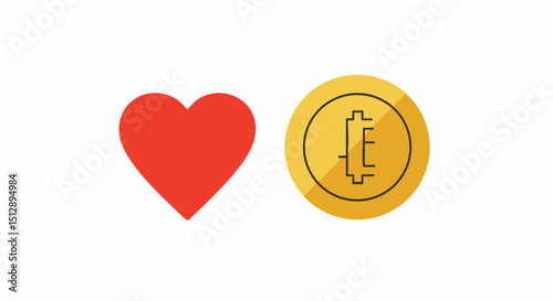 Charity donation concept heart and bitcoin illustration for cryptocurrency love and financial investment concept design with gold coin icon