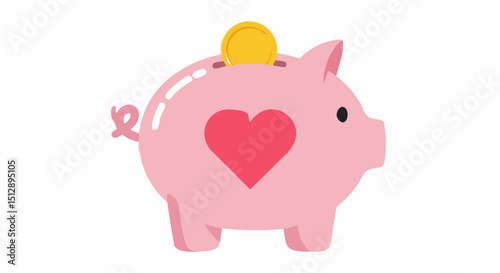 Charity donation concept pink piggy bank with heart and gold coin for savings and financial planning illustration vector design