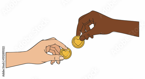 Charity donation concept interracial hands exchanging heart coins for love donation and charity illustration vector image art