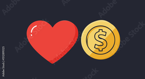Charity donation concept heart and money illustration for love of money concept and financial success and good health icon 100
