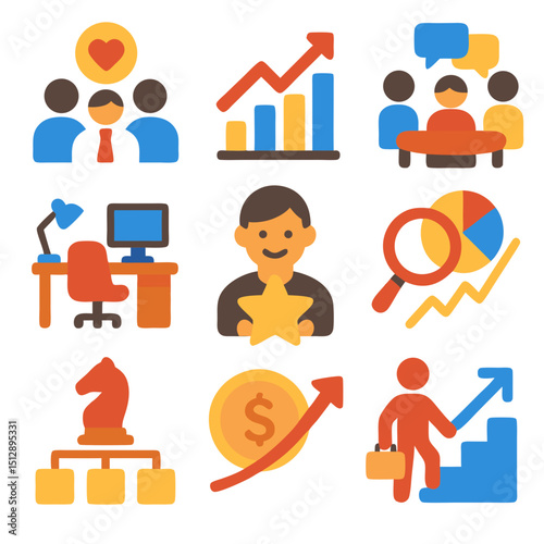 A collection of nine business icons representing various industries and occupations, ideal for presentations, websites, digital marketing materials.
