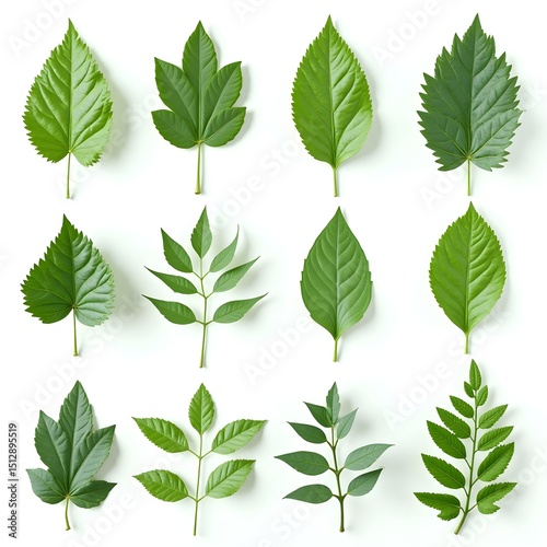 Collection of different types of green leaves arranged. Various shapes and shades of green leaves neatly displayed showing diversity in plant leaf structure and form.