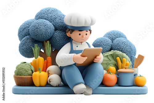 Fototapeta Naklejka Na Ścianę i Meble -  Cartoon chef checking recipe on tablet surrounded by fresh vegetables garden