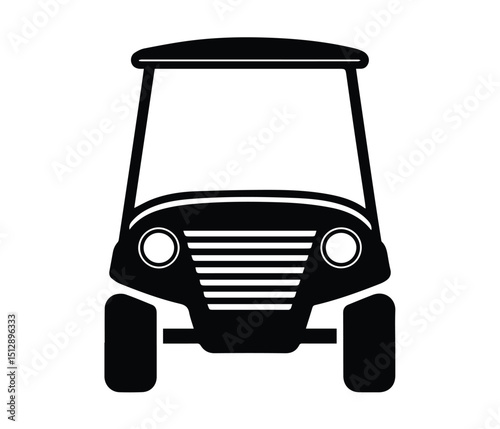 Golf Cart Vector Silhouette Front View Illustration, Black Golf Cart Icon, Minimal Golf Vehicle Silhouette, Golf Buggy Transport Icon.