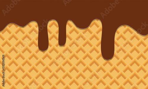 Chocolate melted on waffle background. Sweet ice cream flowing down on cone. Vector Illustration.