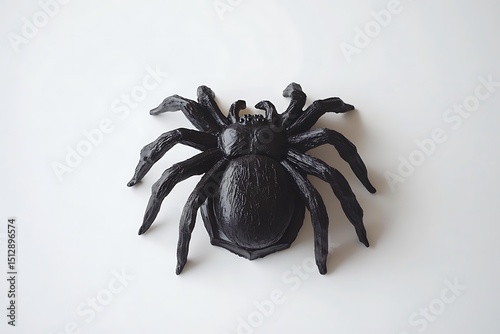 A black plastic spider with eight legs on a white background in a studio shot close up view