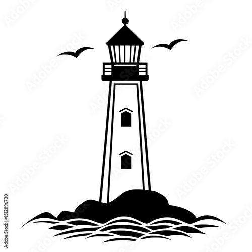 Vintage lighthouse icon with flag, windows and sea waves in black silhouette