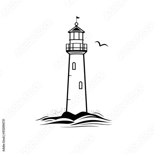 Classic lighthouse silhouette with light beam and flying birds on ocean rocks