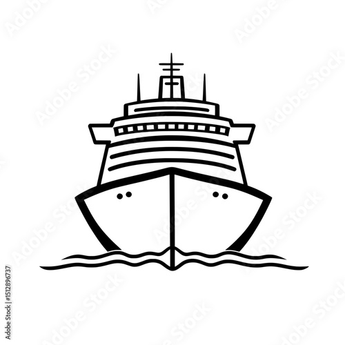 Black silhouette of a large cruise ship icon sailing forward on the sea with waves