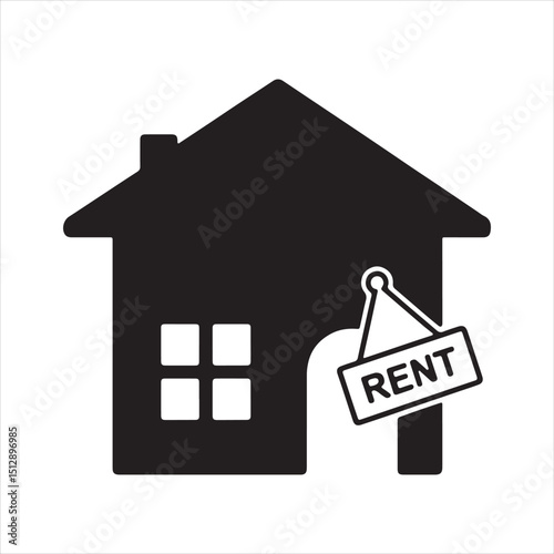 Black Silhouette House with Rent Sign Icon for Real Estate

