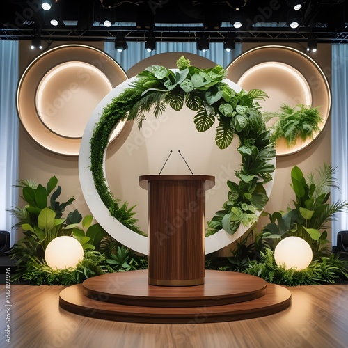 Elegant conference stage presentation featuring lush greenery and modern wooden podium design