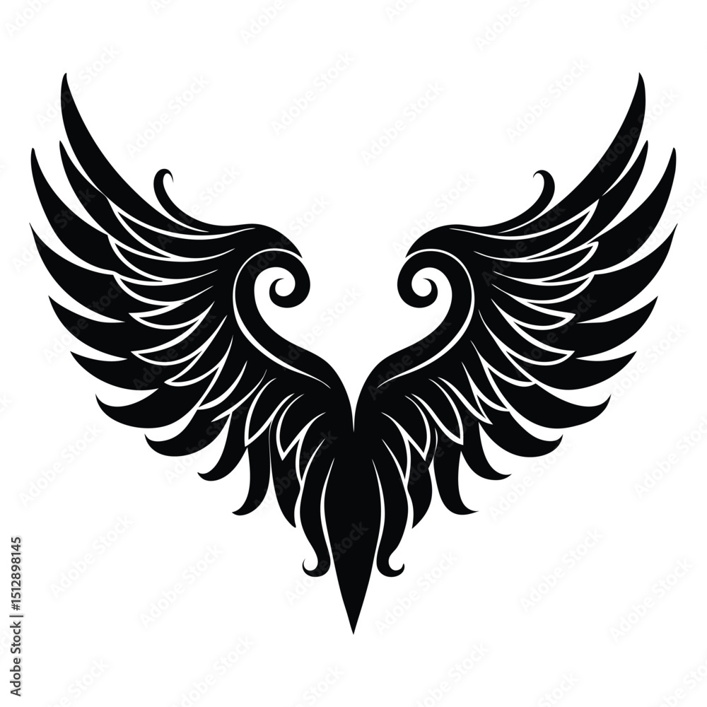 Obraz premium Elegant baroque wings silhouette with intricate curls and flourishes, showcasing vintage ornamental style in a bold, graceful, and timeless black outline design. 