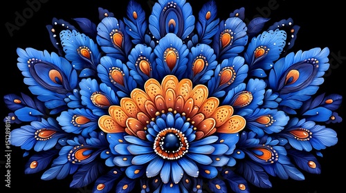 Vibrant floral design with blue and orange petals