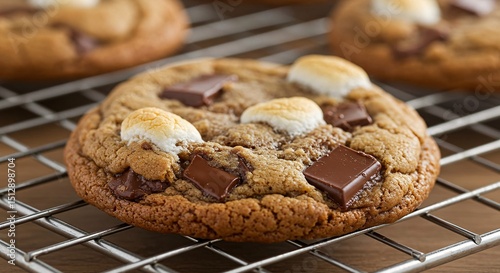 Delicious s'mores cookie with melted marshmallows and chocolate chunks cooling on a wire rack close up