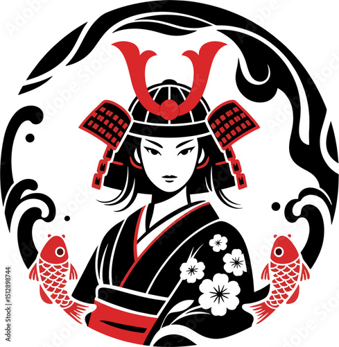 Traditional Japanese Female Samurai Vector with Koi Fish and Sakura Flowers – Red and Black Tattoo Style Art
