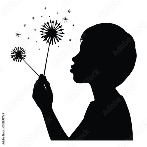 Silhouette of a woman gently blowing a heart-shaped dandelion, with hearts floating in the air—symbolizing love, hope, and dreams carried by the wind.
