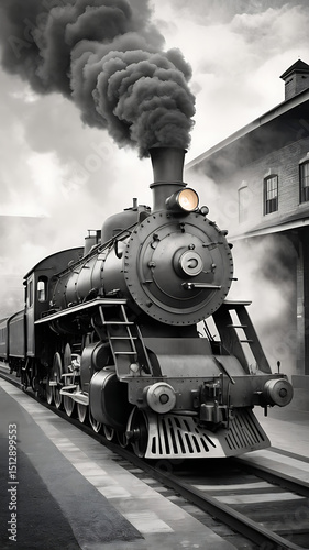 Old black and white photograph of a steam locomotive at a train station, grainy texture and vintage film look