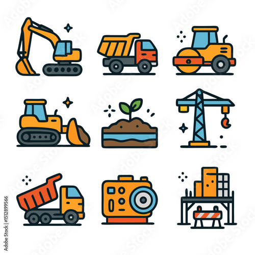 set of construction machines and trucks