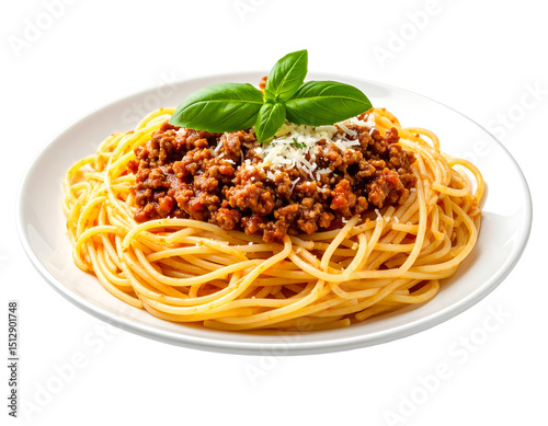 Spaghetti Bolognese on a white plate with fresh basil and grated cheese on a transparent background