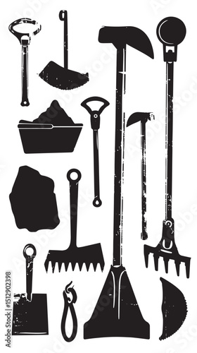 mining instruments Silhouettes isolated on white background