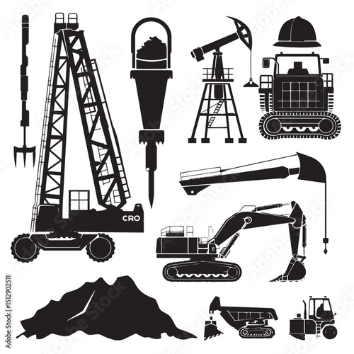 mining instruments Silhouettes isolated on white background