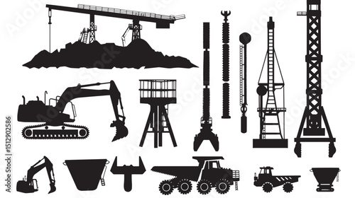 mining instruments Silhouettes isolated on white background