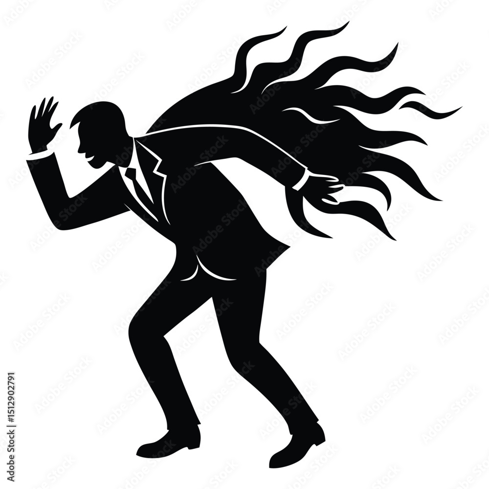 Obraz premium A silhouette of a businessman struggling against strong wind, leaning forward with briefcase in hand, symbolizing perseverance and resilience amid challenges. 