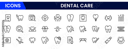 Vector illustration web line icon collection depicting dentist tools, tooth care, dental chair, floss, toothbrush, smiling teeth, cavity treatment, and oral hygiene symbols.